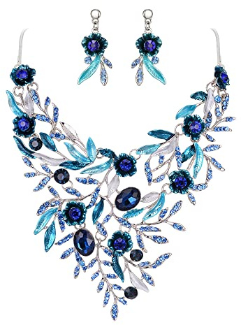 Clearine Parure de Bijoux Mariage Émail Cristal Fleur Longues Feuilles Collier Boucles d'Oreilles Fête Mariée Bleu Ton d'argent