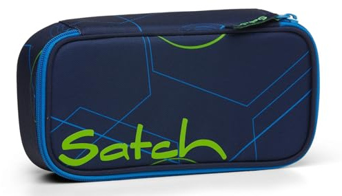 Satch Schlamperbox extra groß inkl. Trennfach Reißverschlussfach Stiftehalter Geodreieck Sichtfenster für Stundenplan Blue Tech - Dunkelblau