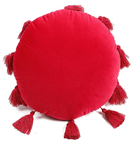 INTRECCI Cuscino Rotondo in Velluto per Divano Letto, Cuscino Sunshine Frange Arredo Decorativo Zucca Tondo Tinta Unita (Rosso)