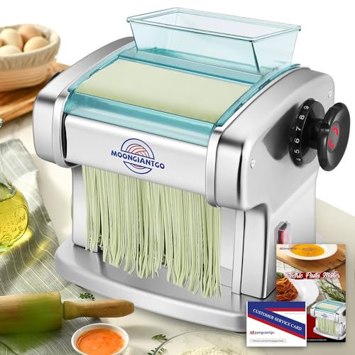 Moongiantgo Macchina per la Pasta Elettrica Acciaio Inossidabile, Con 2.5mm Tondo & 4mm Piatto Taglierina, Regolazione dello Spessore a 9 Marce 0,5-5mm, Per Fettuccine, Tagliolini, Ravioli