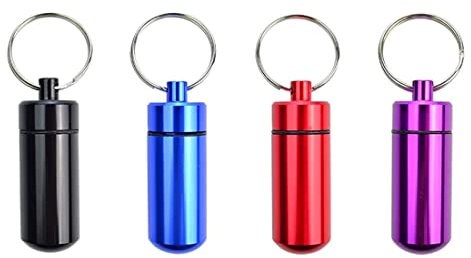 Androxeda 4 Stück Pillendose Schlüsselanhänger Mini Aluminium Pillenbox Wasserdichte Schlüsselring Pillenflasche Klein Kapsel Pillendose für Reise Camping