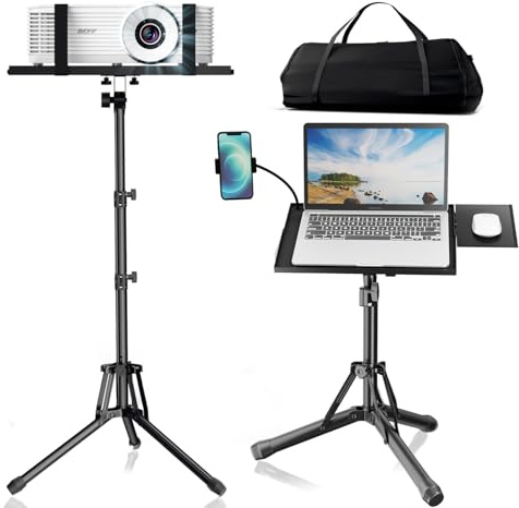 ORWOD Projector Stand Laptop Tripod - Portable Tripod Adjustable Height 20 to 60 Inch, Projector Stand with Gooseneck Phone Holder ＆ Mouse Tray, Laptop Floor Stand for Podium, Studio, DJ Racks