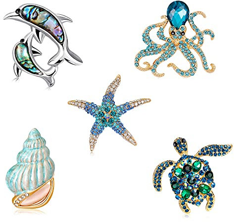 Oenothera 5 Stücke Ozean Brosche, Tier Strass Brosche, Aus Legierungund Glas für Frauen Freundin Partei Dekoration Geschenk Vintage