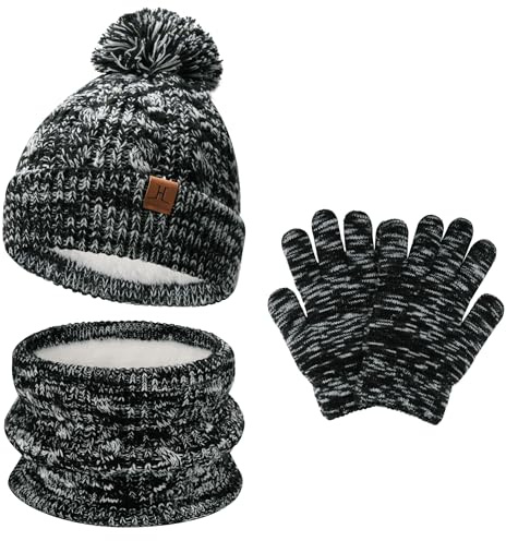Bequemer Laden Niños invierno Gorro Termicos Pompon Bufanda Guantes Tactiles Conjunto con Forro Polar para 5-8 Años Regalo para Bebe Niñas Niños