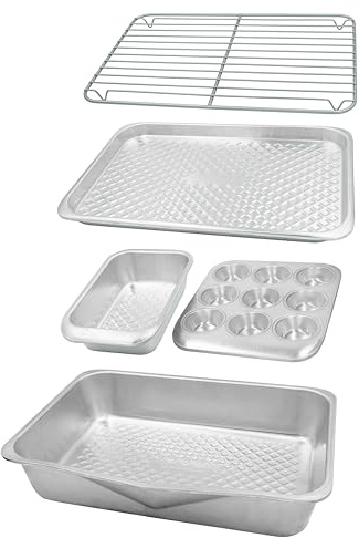 MasterClass Recycled Aluminum 5pc Baking Set, Stacking Bakeware Set with Roaster, Muffin Pan, 2lb Loaf Tin, Baking Tray & Wire Cooking Rack, Silver