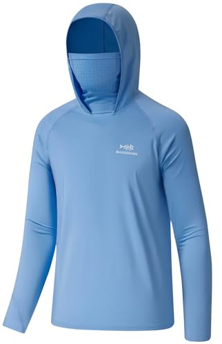 BASSDASH Youth UPF 50+ Hooded Top with Mask UV Neck Gaiter Sun Protection Long Sleeve T-Shirt for Fishing Swimming, Carolina, L