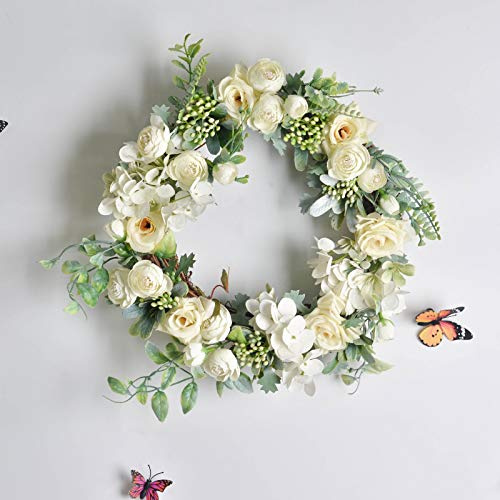 TITA-DONG 15 Zoll Künstlicher Blumenkranz, Blauer Künstlicher Blauer Hortensien-künstlicher Blumenkranz, Künstliche Blumensimulationsgirlande aus Kunststoff, Handgefertigter(Weiß)