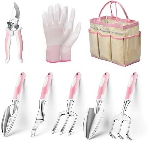 AIMORE Herramientas de jardín, 8 piezas de herramientas de jardinería con bolsa, juego de herramientas de jardín de acero inoxidable resistente, herramientas de mano para exteriores, kit de