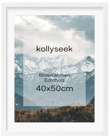 kollyseek Bilderrahmen 40x50cm Weiß Echtholz mit Passepartout Pine Holz Rahmen mit Bruchsicherem Acrylglas Kieferholz Fotorahmen schwarz picture frame