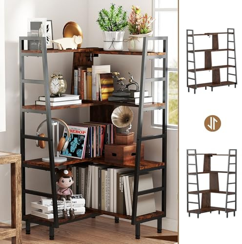 ybaymy 4 Tier Corner Bookshelf Deformable Industrial Bookcases 120 x 112cm Large L Shaped Book-Shelf with Metal Frame Convertible Standing Display Shelf for Living Room Kitchen Office Rustic Brown
