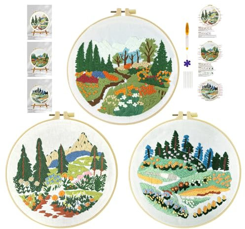 cukol cukol 3pcs Kit Ricamo Principianti Paesaggio Primaverile, Embroidery Kit, Schemi per Set Ricamo Starter Mezzo Punto Croce Kit da Ricamare Mezzopunto a Mano Stampato Bambini