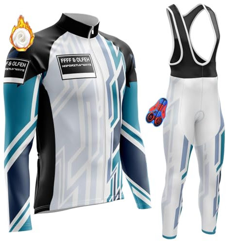 Fahrradbekleidung Set, Herren Langarm Radtrikot Set Winter Radsportanzüge mit 9D Gel Gepolsterten Trägerhosen mit Thermofleecefutter Radhose (PT5,XXL)