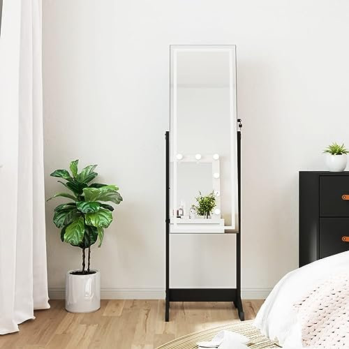 Sufrk Spiegelschrank mit LED-Lichtern, selbsttragend, Schwarz, Schmuckschrank, Schmuckspiegel, Bodenspiegel in voller Länge, Organizer für Schmuck mit Schloss