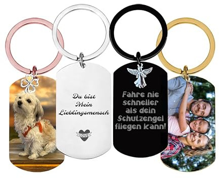 KIDDI-MEDIA Foto - Schlüsselanhänger personalisiert mit echter Text Gravur und Farbfoto mit hochwertiger glasartiger Schutzschicht – optional mit Charm-Anhänger und Glücksbringer Symbol