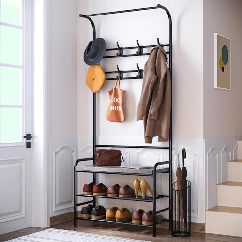 OPULENTHOME Garderobstativ med sittbänk, skohylla, skoställ med rockhängare med 8 krokar, skoförvaring med 2 nivåer, garderob med sittbänk för hall, entré, vardagsrum, sovrum