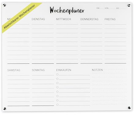 Wochenplaner Acryl - beschreibbar & abwischbar - Wandplaner und Familienplaner mit Abstandshaltern - ideale Haushalts- und Planungstafel für Eltern - Wandkalender – Größe: 50x38 cm – Transparent