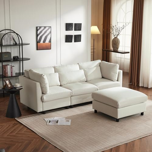 boorbin Modernes Design, Polstermöbel, Sofa, Dreisitzer-Sofa, Wohnzimmersofa, Ecksofa mit Fußhocker, L-förmiges Ecksofa (Beige)