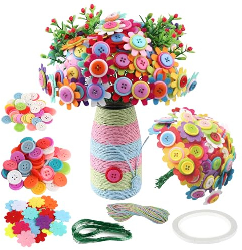 Hisdricus Blumen Bastelset für Kinder,Flowers Crafts Felt Kits mit Knöpfen, mit bunten Knöpfen - Filzblumen, Blumenvase - ideal zum basteln für fantastic flowers, Party, Geschenke, mit Steckblumen