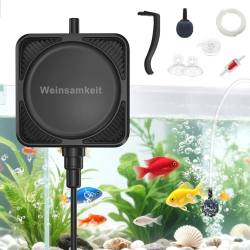 Weinsamkeit Aquarium Luftpumpe, Nano Silent Mini Sauerstoffpumpe mit Luftstein, <30dB, Aquarium Pumpe Fluss 0.45L/Min, 1.5W Sauerstoffpumpe für Aquarien, Geeignet für 20-60L Nano Aquarien, Fischglas