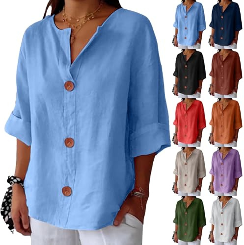 Plus Size 3/4 Sleeve Linen Tops for Women UK Summer V Neck Mid Long Sleeve Tops Ladies Casual Loose Vacation Beach Solid Color down Blouses Tunic T Shirts Cheesecloth Clothes Daily Essential Gifts