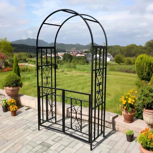 Generisch Gartentor Rosenbogen mit Tor,Gartenbogen Rankbogen Torbogen Rankhilfe mit Tür,210cm hohe rankbogen Metall Spalier Tor Rosen Bogen Metall Rosengitter(Schwarz)