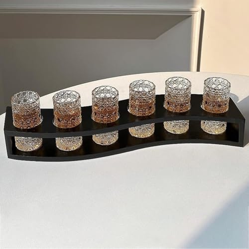 KXWDKJ Lot de 6 verres à shot en forme de S avec support de rangement pour whisky, tequila, liqueurs, 20 ml, motif en relief, noir