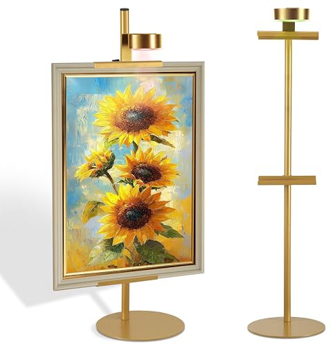NKJIH Adjustable Desktop Photo Frame Stand with Magnetic Wall Painting Light, Holds Picture Frames up to 30 Inch,with Rechargeable Battery,Metal Vertical Stand with 3 Color Temperature & 13RGB Poster Lights, for Displaying Picture Frames, Artworks (1 Pack,Gold)