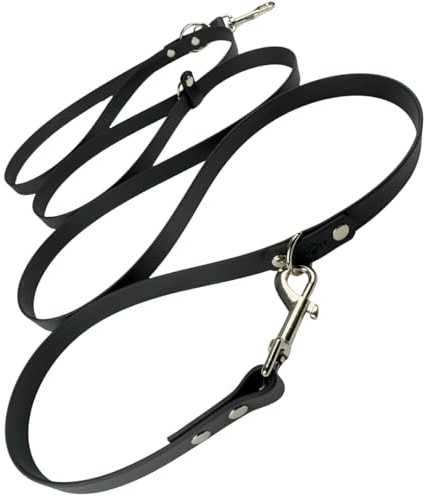 Hundeleine BioThane 3m stufenlos verstellbar, 16 mm breit, schwarz, wasserfest & extrem robust, auch für 2 Hunde - ZAVVIT