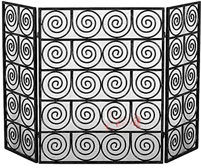 CCKUYT Parascintille per Camino Fire Guard, Grande, Pieghevole, a 3 Pannelli, in Metallo Nero/Oro, parascintille Decorativo, parascintille con Design a griglia fitta, 48 x 31