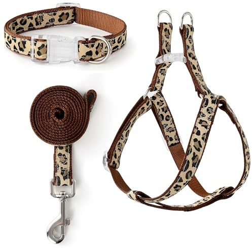 Mile High Life Leopard Dog Harness Collar Leash Set, Adjustable No Pull Dog Halter Harness for Small Breed Dogs, Easy Control for Training Walking (Brown, M Chest 15-21, Neck 13-17)