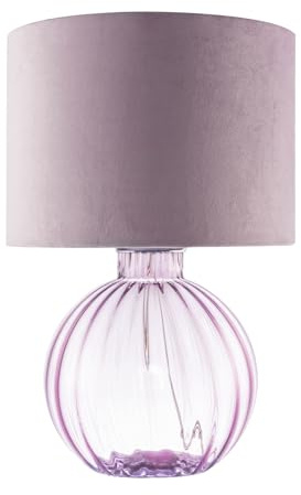 Happy Homewares Contemporary Designer Lilac Ribbed Glass Round Table Lamp with Matching Soft Lilac Velvet Drum Shade | 1 x E27 11w Maximum | 42cm Height
