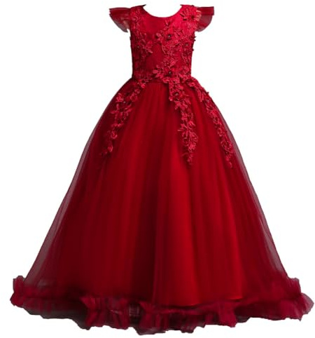 NSICBMNO Robe de bal longue pour filles - Robe tutu brodée à fleurs - Robe à manches flottantes - Robe de soirée d'anniversaire, de mariage, de baptême, d'invitée de mariage