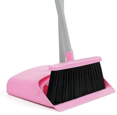 REEWII Pink Broom and Dustpan Set,58” Long Adjustable Handle Small Broom with Stand up Dustpan Combo Set with Dust Pan Teeth,for Indoor Home Office Floor Cleaning