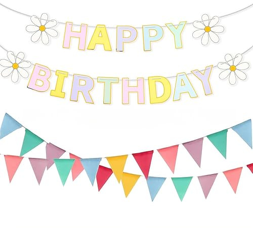 SDXCJY Happy Birthday Banner & 2 Colorful Triangle Flags 3 PCS, Fabric Bunting Garland Decor, Pastel Multicolor Outdoor Waterproof for Home Garden Birthday Party Supplies (Boho Daisy)