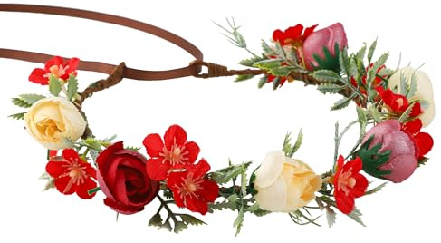 PartyforU Blumenkranz Haare Elfenohren Elfen Feen Kostüm Damen Mädchenkopfband Blumenerntekranz Frauen Roter Stil für Faschingskostüme Karneval Hochzeit Festival Kostümspiel Blumenkranz Hal