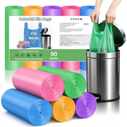 Bolsas de basura de 20 litros con asas de amarre, 60 bolsas de basura coloridas con pedal, fuertes, a prueba de fugas, gruesas, pequeñas bolsas de basura para cocina, baño, hogar, se adaptan a
