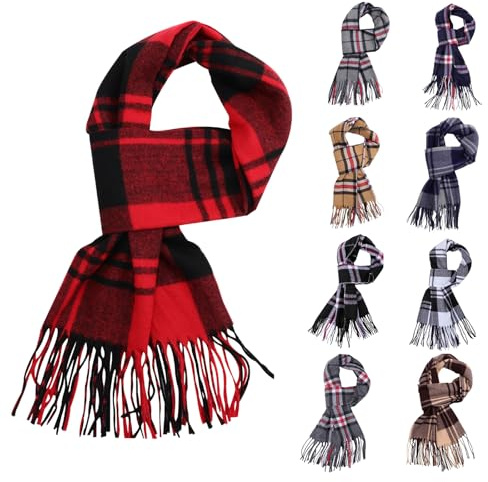 Fjquamitix Classic Winter Warm Tartan Scarf, Warm Windproof Fringe Tartan Scarves, Scottish Cashmere Feel Scarf for Unisex Business Casual (Red, One Size)