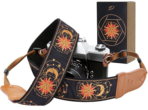Padwa Lifestyle Helios Moon God Camera Strap -2 Double Layer Cowhide Ends Camera Straps for Photographers, Vintage Embroidered Cotton Weave Soft Padded Strap Adjustable fits All Cameras