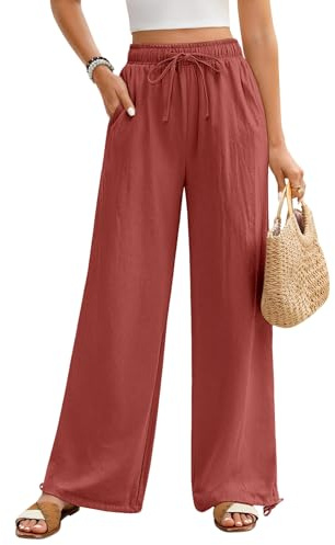 Niwicee Pantalones Mujer Verano Casuales Algodón Vintage Cintura Alta Elástico Pantalones Rectos con Cordón Verano con Bolsillos Ligeros y Cómodos Frescos Anchos Palazzo Pantalones