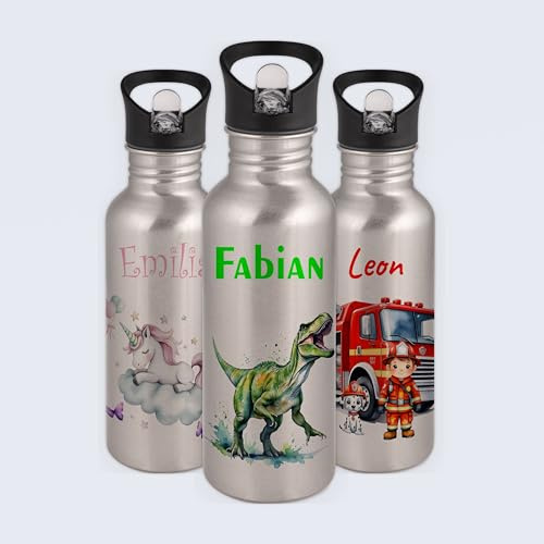 Gravur-Max Kinder Trinkflasche 600 ml personalisiert - Dino T-Rex - auslaufsichere Edelstahl Trinkflasche mit Trinkhalm & Klappdeckel – BPA-frei, leicht & robust – mit Namen bedruckt - Silber