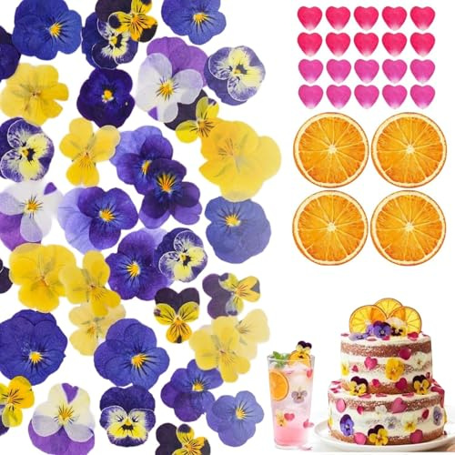 Celblisora 64 Pcs Naturally Dried Pressed Edible Flowers,Purple Pansy,Heart Rose Petals,Dried Orange Slices,Food Grade Dry Flowers for Cocktails Cake Decorating Crafts Resin Mix