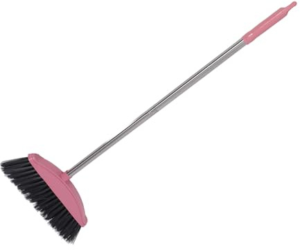 Lurrose Stainless Steel Handle Long Cleaning Broom Household Sweeping Tool with Thick Bristles Pink Floor Wiper Suitable for Indoor and Outdoor Use Style