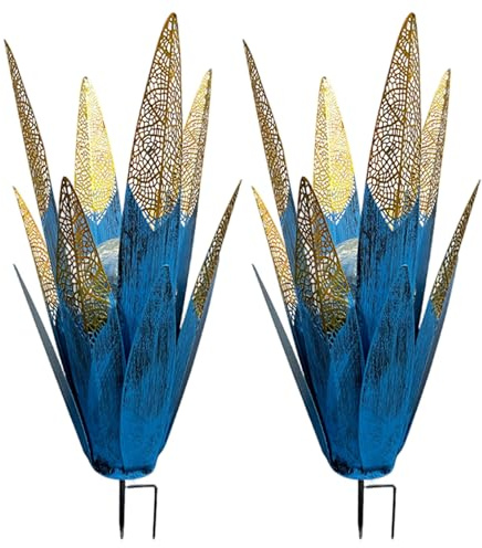 Plantes d'agave en métal pour décoration extérieure, paquet de 2 lampes solaires de jardin avec un design découpé unique, lumière LED pour décoration artistique patio, pelouse, cour, agave d'art