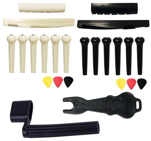 24Stück Set Gitarren Zubehör für Westerngitarre,Zubehör für Gitarrenreparatur,Komplettersatzteile für Gitarren-Zubehörs,Enthält Saitenhalter,Sattel,Steg,Plektren,Saitenabzieher,Saitenwickler