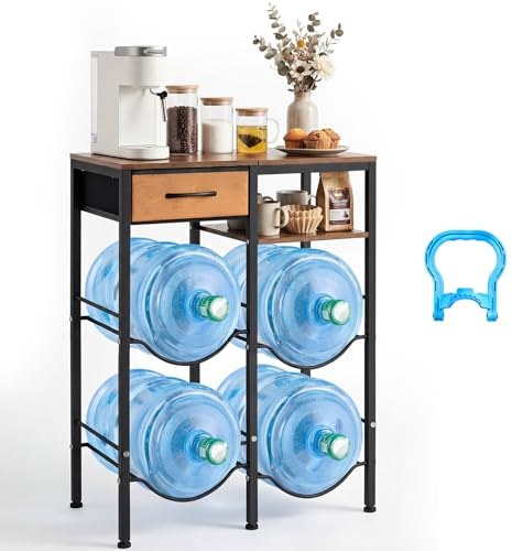 VEVOR Estante para Garrafas de Agua, Soporte para Botellas Grandes de Agua, Estantería para 4 Botellones con Estante de Exhibición y Cajón, Organizador de Almacenamiento para Oficina Comedor Salón