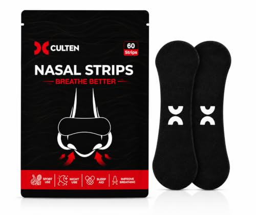 Culten Tiras Nasales Antironquidos (60 Unidades) | Dilatador Nasal para Dormir y Deporte | Ayuda a Respirar Mejor por la Nariz | Tiras Nasales para Dormir, Running y Ejercicio (Negro) | Ayuda a mejorar la respiración nasal durante el sueño y el deporte.
