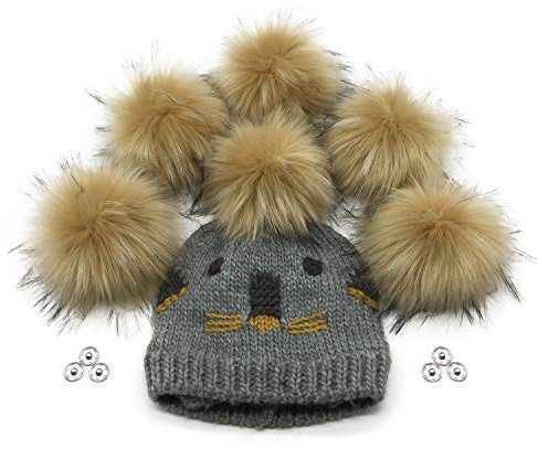 FurryValley Kunstfell Pompon 6 Stück Stricksets Handarbeiten DIY Handwerk Bommel für Strickmütze Schals mit Druckknopf abnehmbar Häkeln Stricken Verzierungen Zubehör 16cm Extra Groß (Khaki)