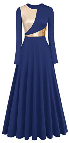 Womens Liturgical Praise Lyrical Dance Dress Metallic Gold Color Block Long Sleeves Dance Dress Loose Fit Full Length Robe Swing Gowns Ruffle Tunic Circle Skirt Worship Dresses Navy Blue + Gold 2XL