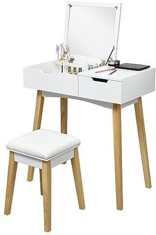 COSTWAY Toeletta con Specchio Richiudibile, Toeletta Trucco con Morbido Sgaballo e Cassetto, Stile Moderno, per Camera da Letto, Bianco