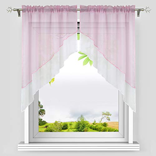 HeichkelL Scheibengardinen Bogen, Rosa BxH 120x125 cm (Jedes Stück) | Voile Gardinen Set 2-Teilige, Kleinfenster Vorhang, Tunnelzug Kurzstores, Doppelschichtige Küchengardinen